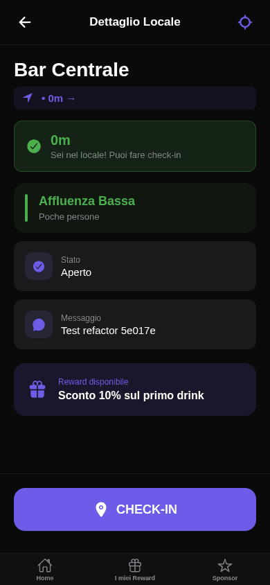 Schermata di dettaglio locale con pulsante CHECK-IN attivo