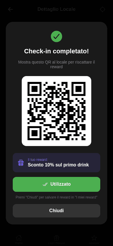 Schermata di reward ottenuto con QR code da mostrare alla cassa